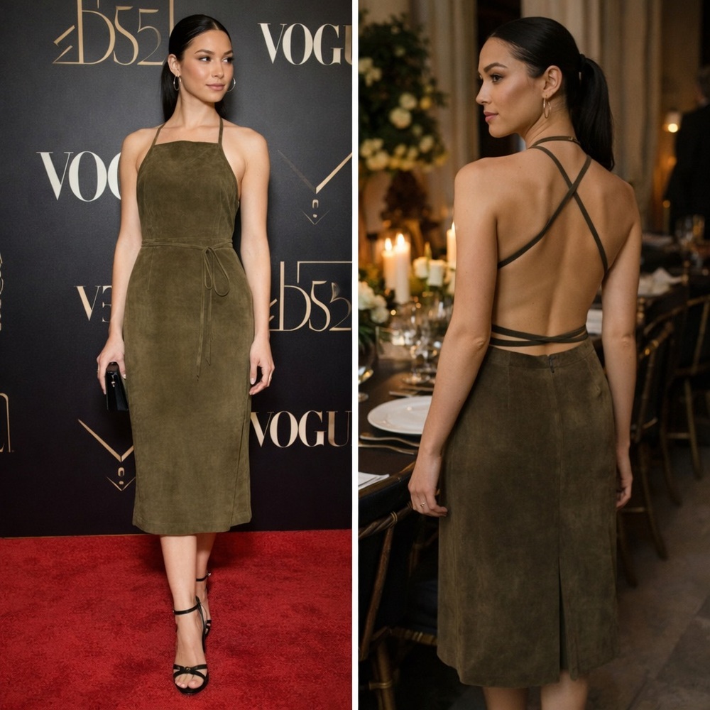 NWT Theory Lilita Suede Backless Halter Midi Dress Khaki Green Sz 4